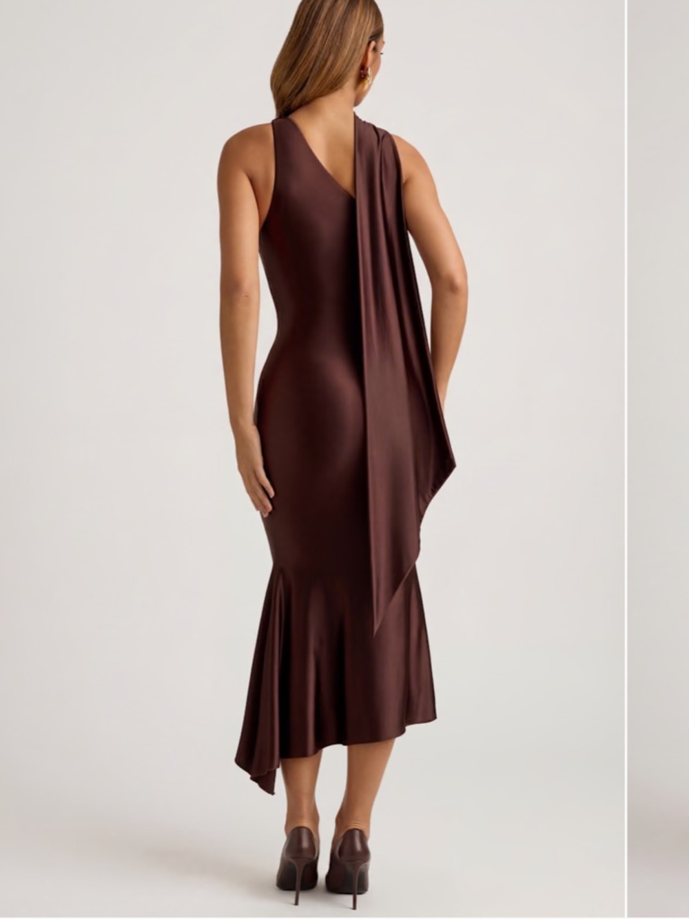Oh Polly Shaya Asymmetric Scarf Detail Midaxi Dress US 10 NWT Chocolate Brown - Picture 5 of 13
